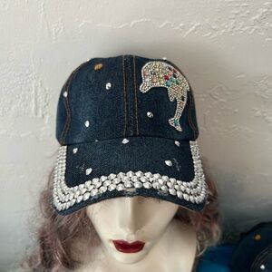 Exotic Denim Dolphin Embellished Baseball Cap with Rhinestones - Blue